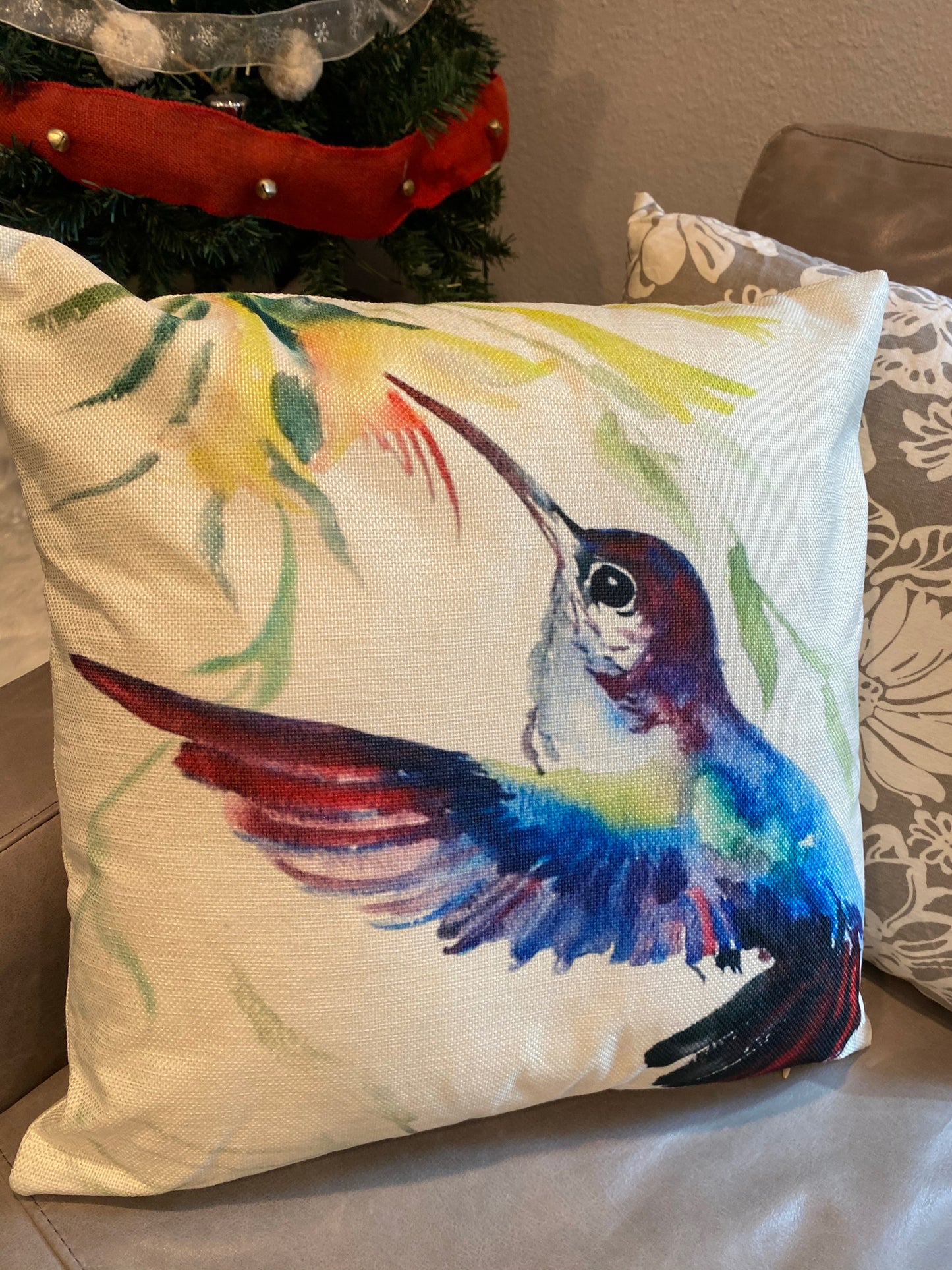 Blue Hummingbird Bird With Flowers Throw Pillow Cover