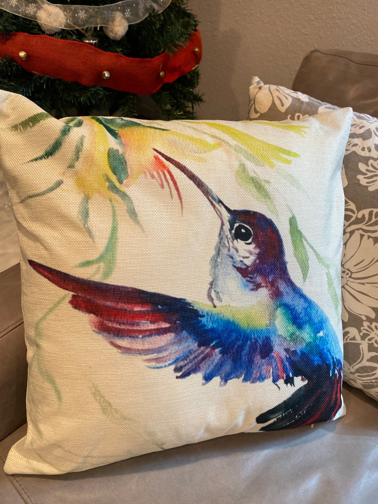 Blue Hummingbird Bird With Flowers Throw Pillow Cover