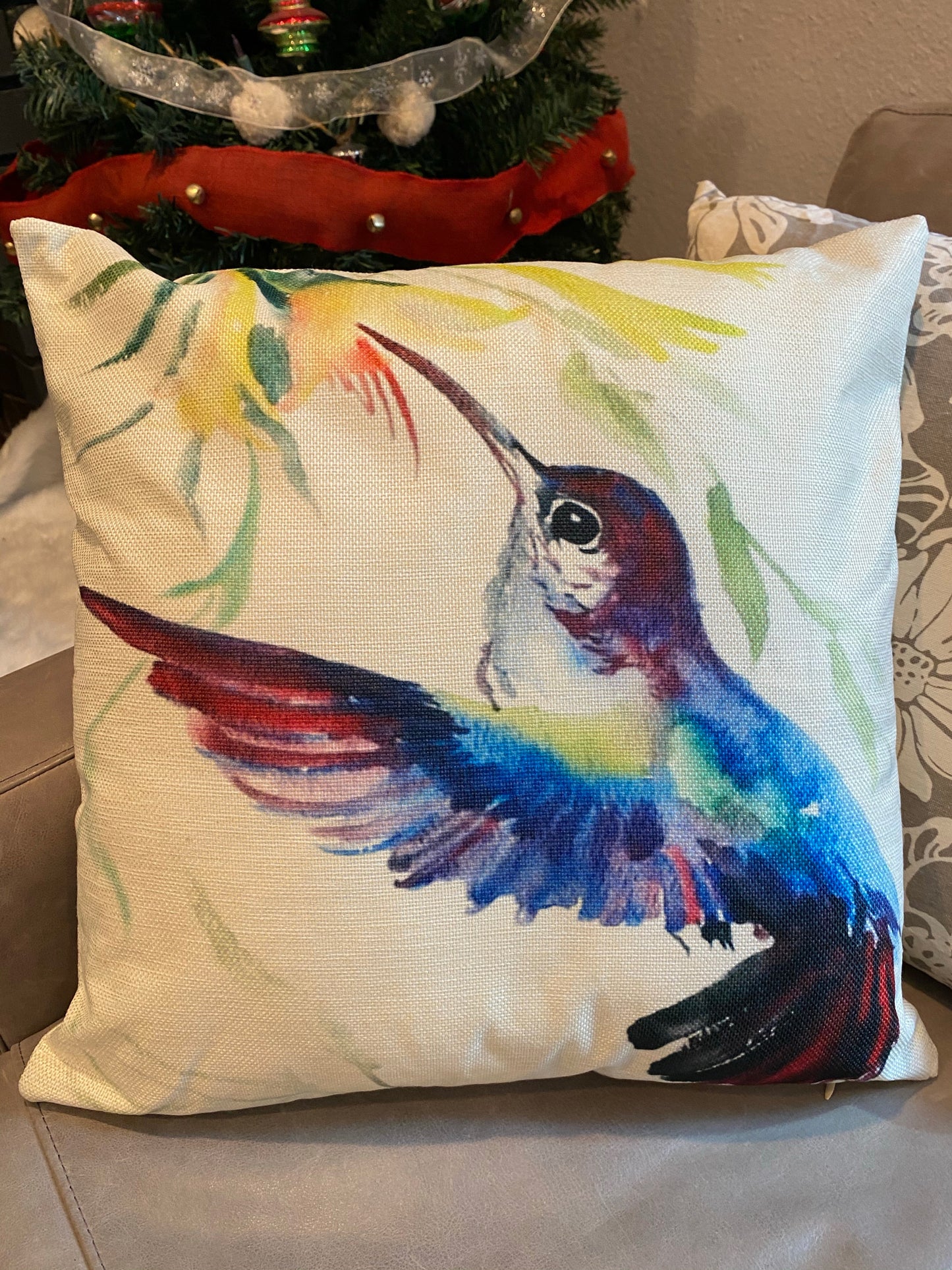 Blue Hummingbird Bird With Flowers Throw Pillow Cover