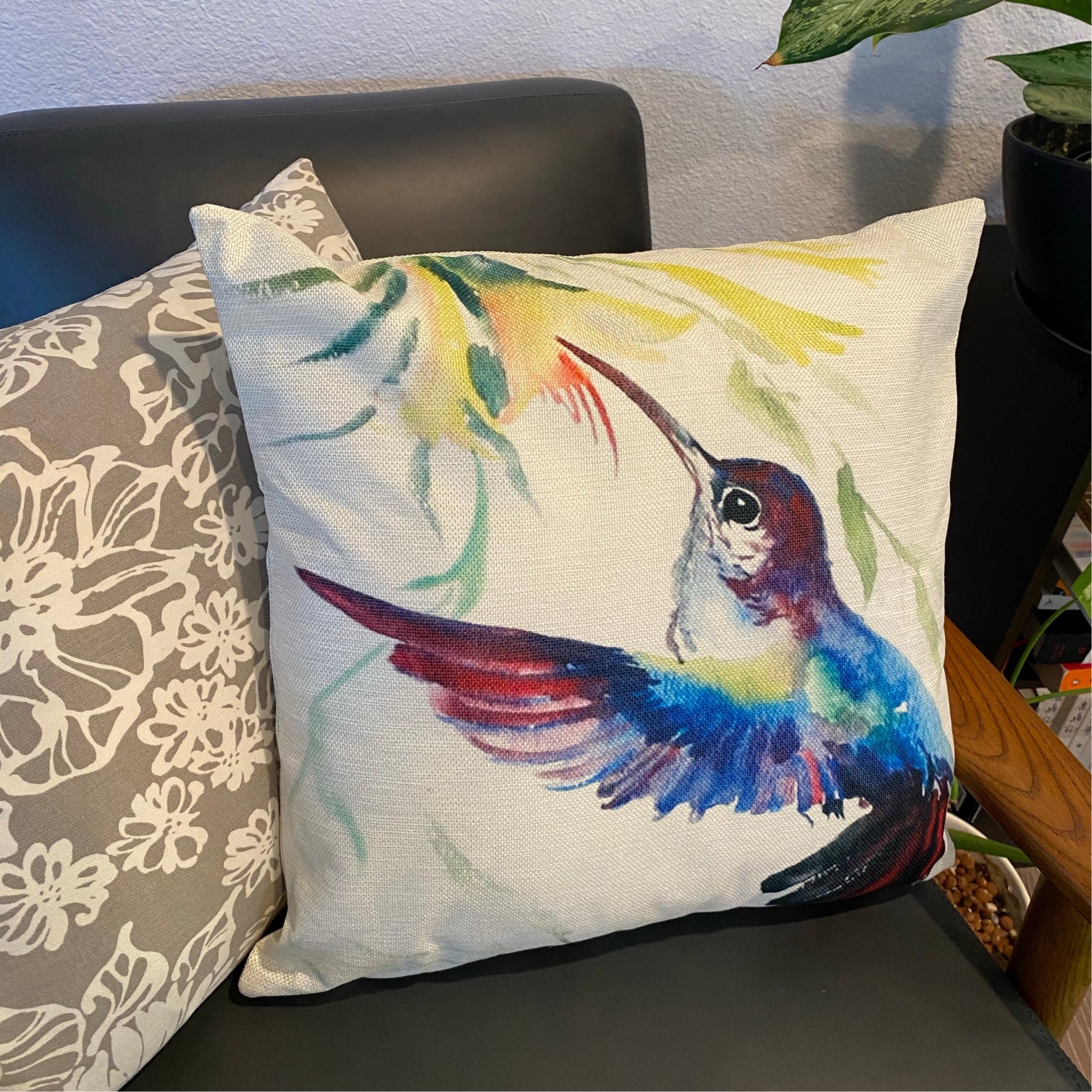 Blue Hummingbird Bird With Flowers Throw Pillow Cover