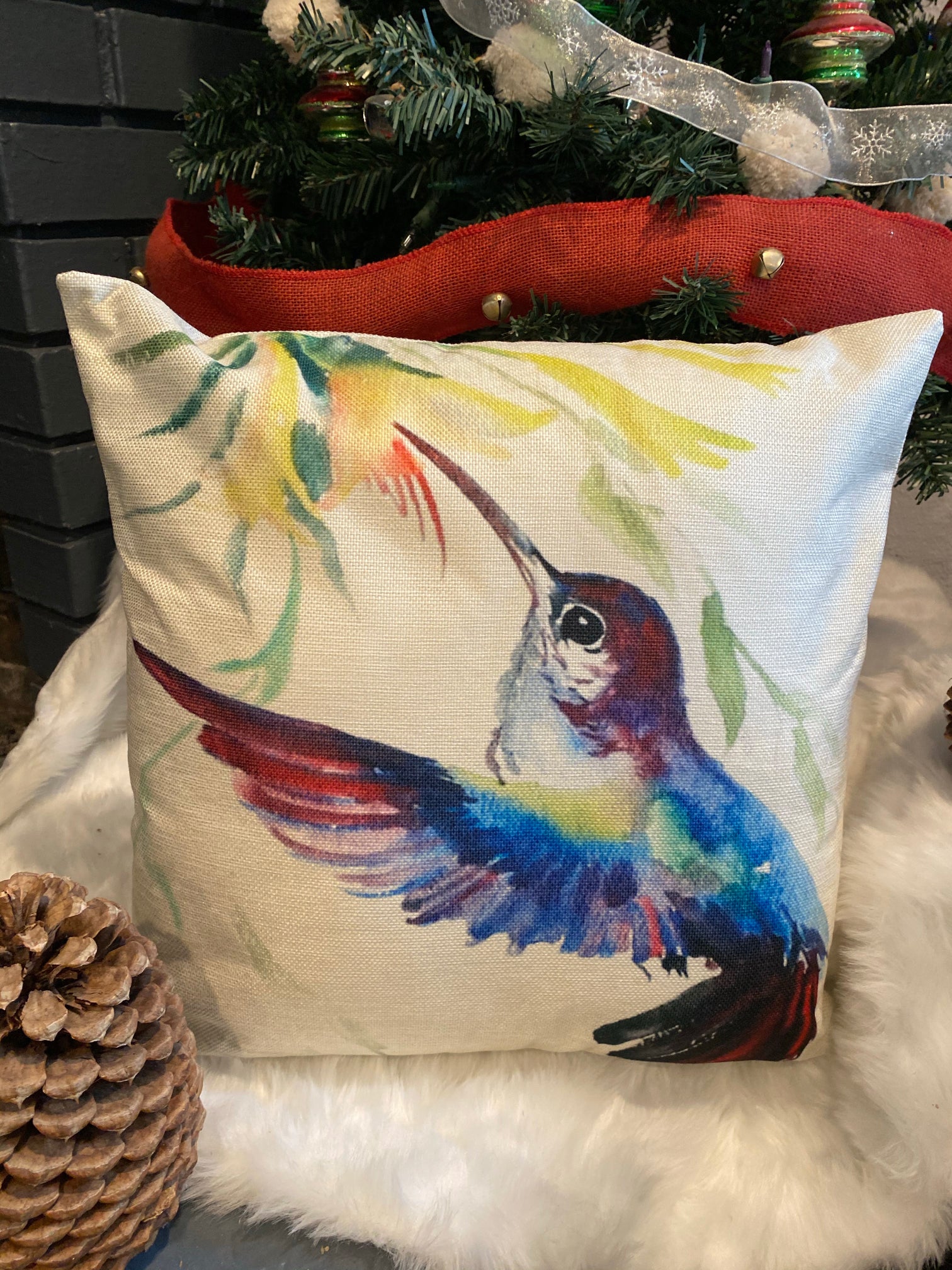 Blue Hummingbird Bird With Flowers Throw Pillow Cover