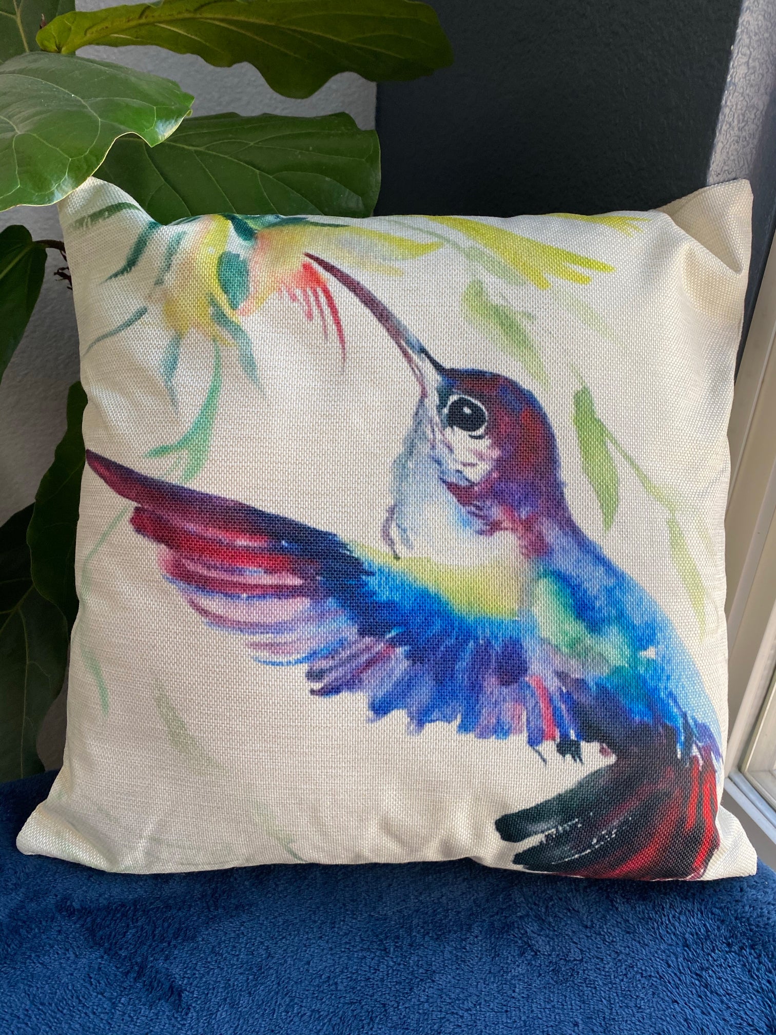 Blue Hummingbird Bird With Flowers Throw Pillow Cover
