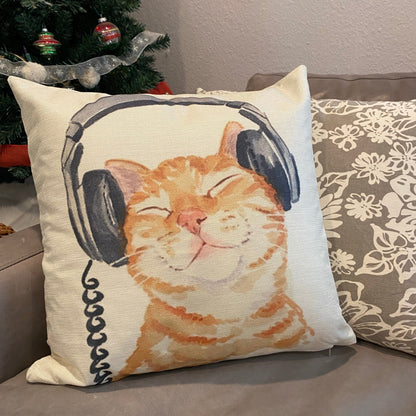 Lovely Ginger Cat With Headphone Throw Pillow Cover