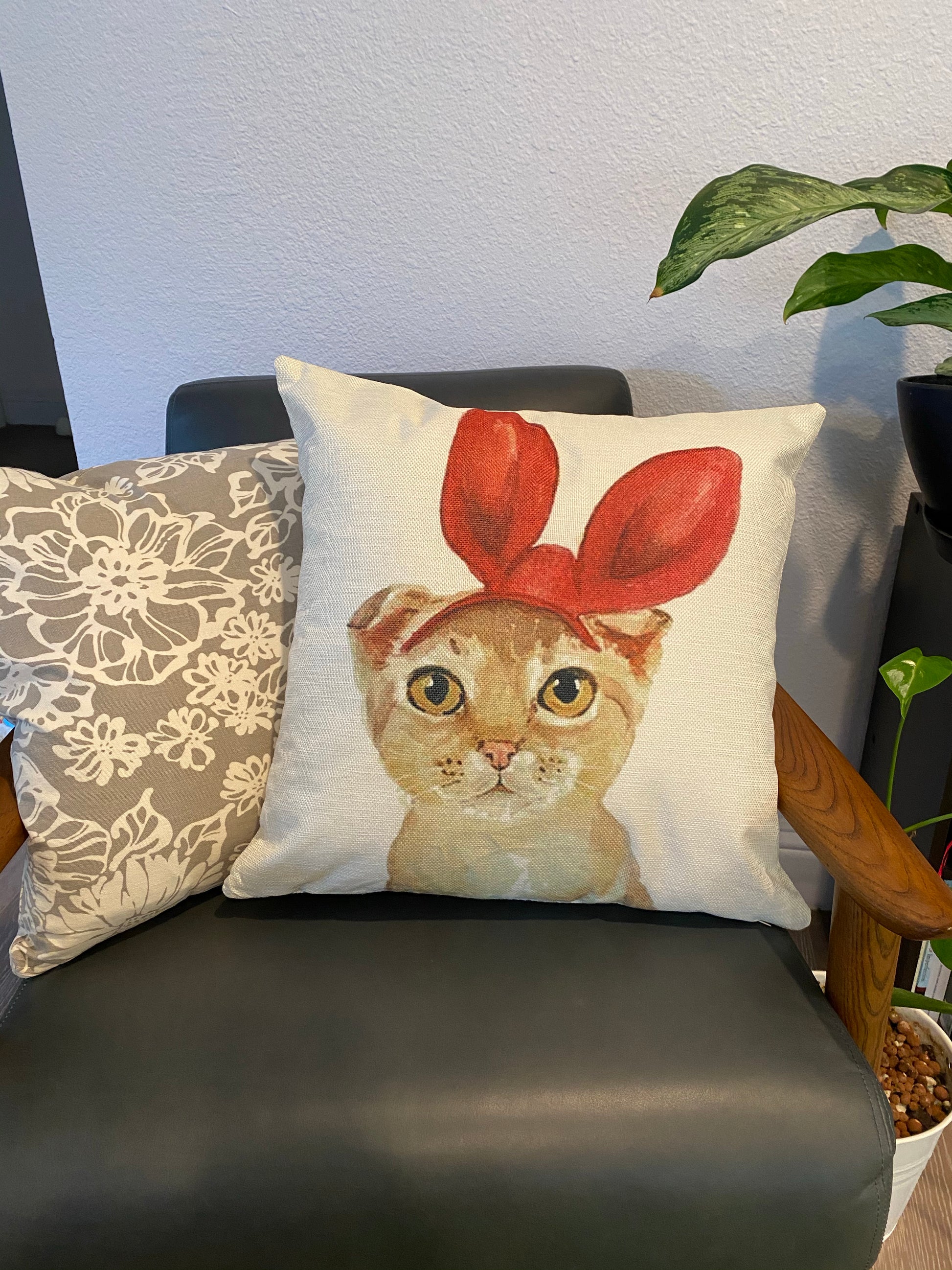 Lovely Orange Cat With Red Bunny Ear Throw Pillow Cover
