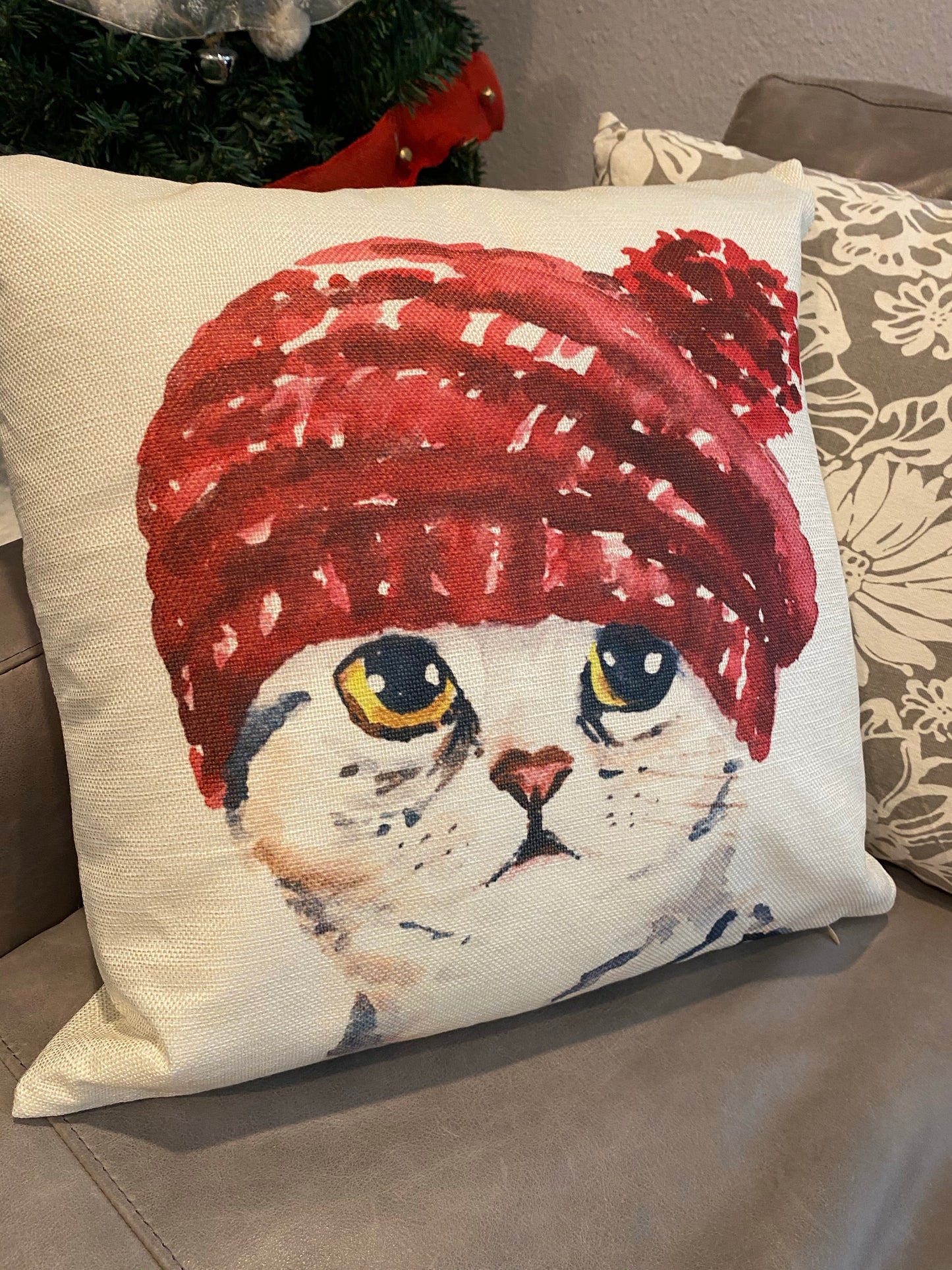 Lovely Tabby Cat With Red Hat Throw Pillow Cover