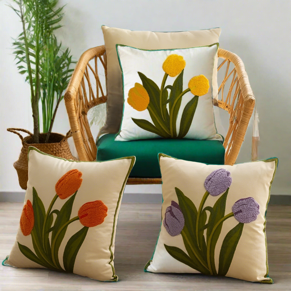 Embroidery Tulip Floral Throw Pillow Cover