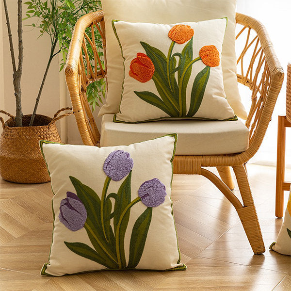 Embroidery Tulip Floral Throw Pillow Cover