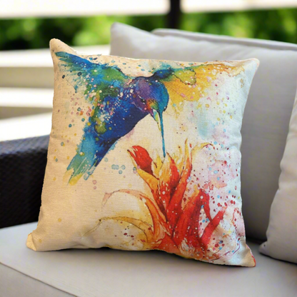 Oil Painting Blue Humming Birds With Flowers Pillow Cover
