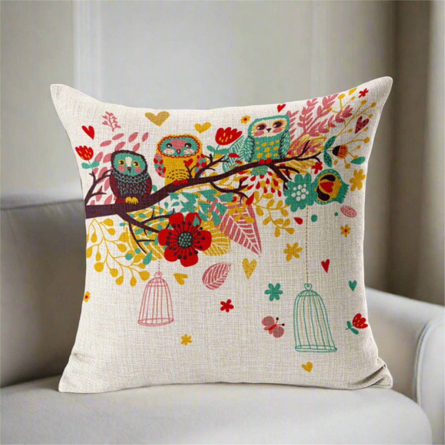 Colorful Bird Owl Cage With Flowers Pillowcase