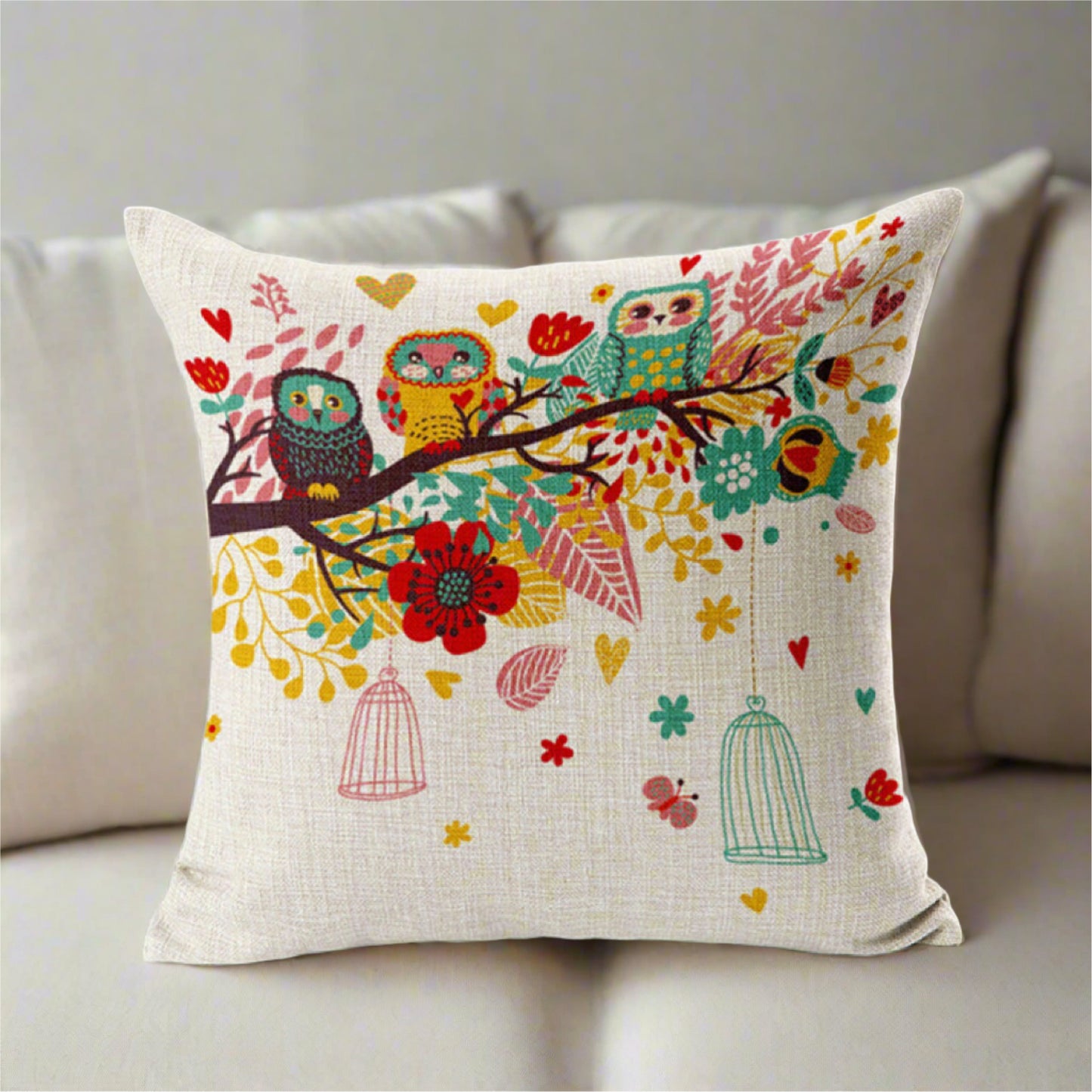 Colorful Bird Owl Cage With Flowers Pillowcase