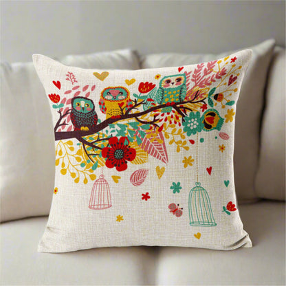 Colorful Bird Owl Cage With Flowers Pillowcase