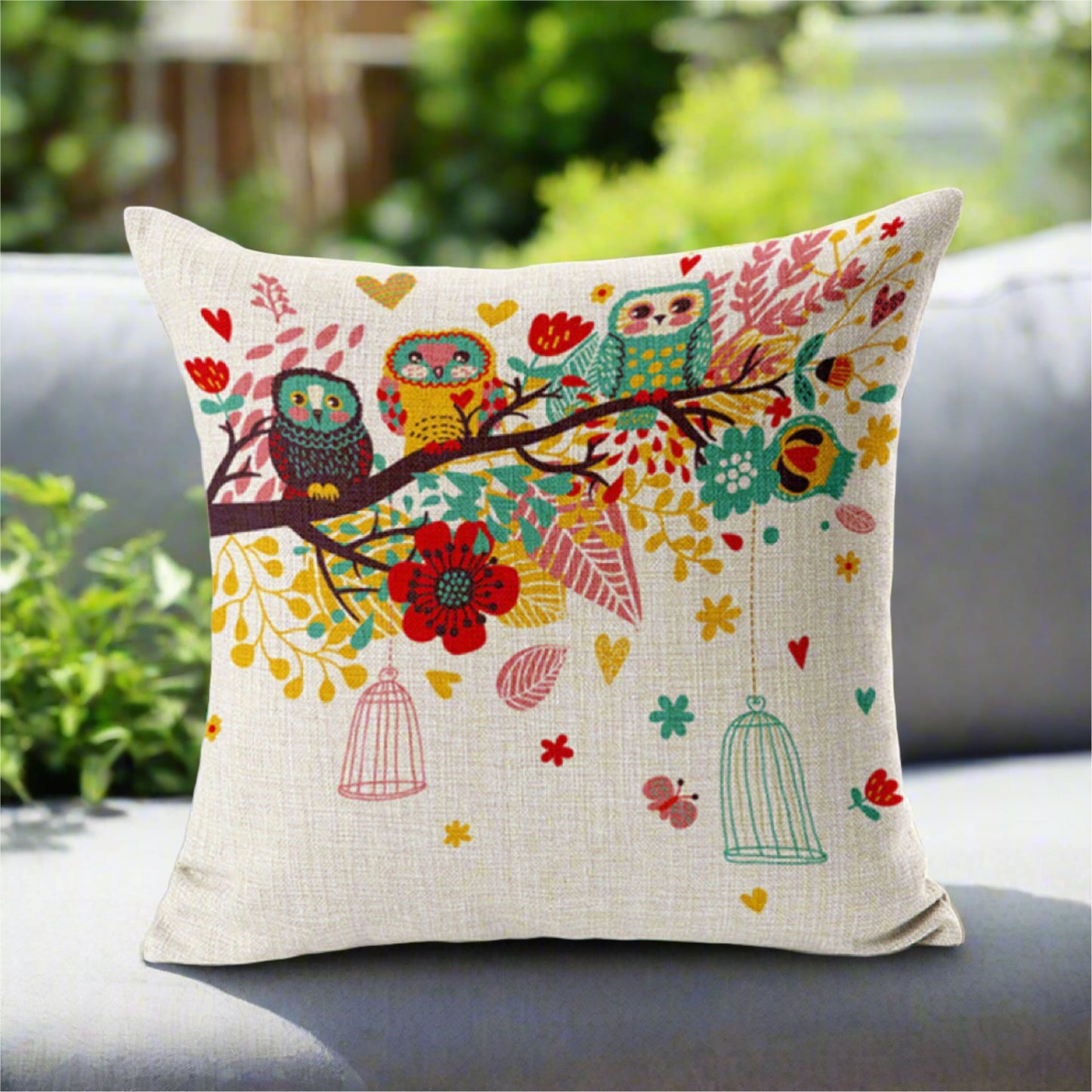 Colorful Bird Owl Cage With Flowers Pillowcase