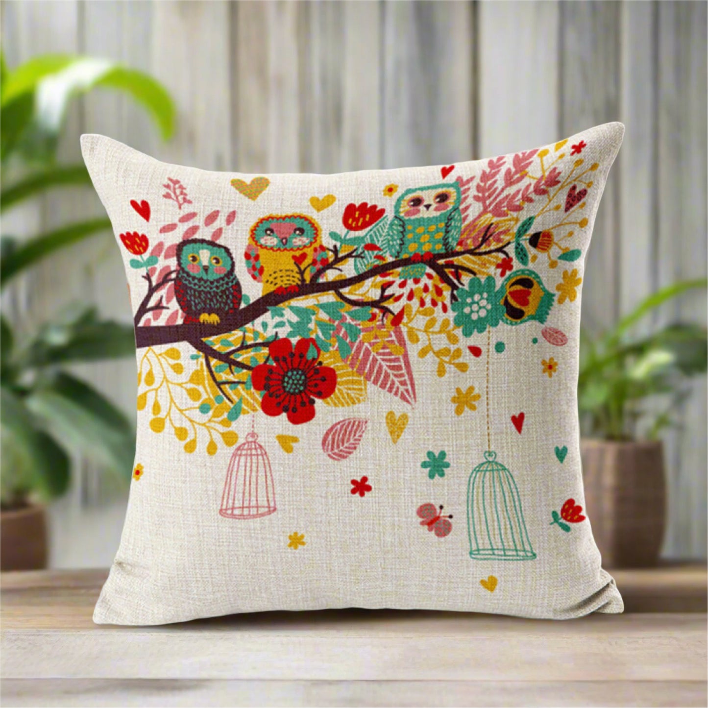 Colorful Bird Owl Cage With Flowers Pillowcase