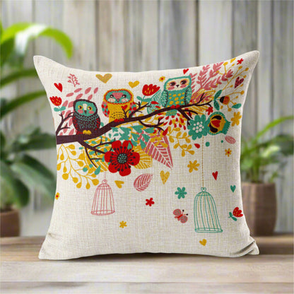 Colorful Bird Owl Cage With Flowers Pillowcase