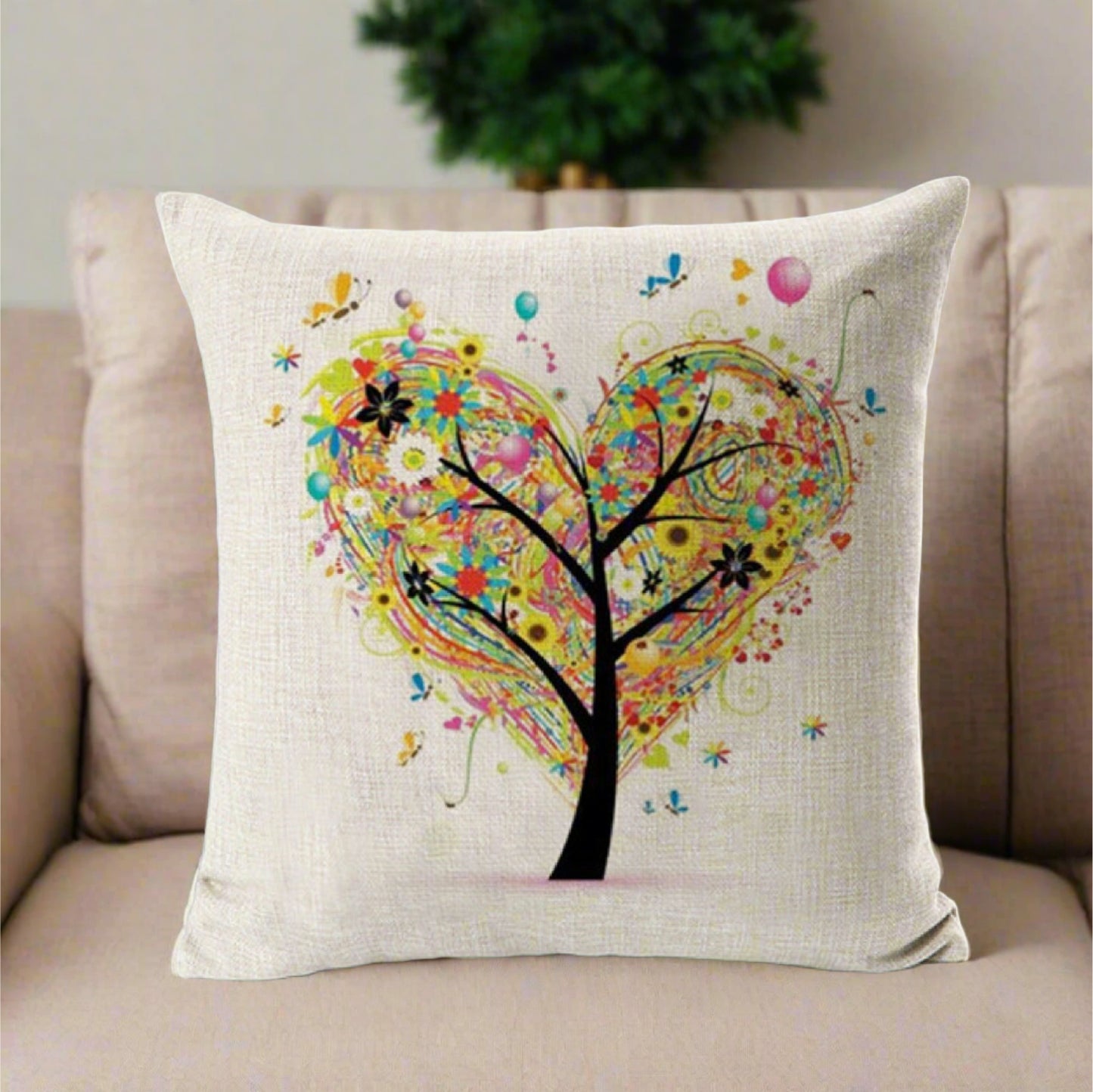 Colorful drawing Heart Shaped Tree Pillow Cover
