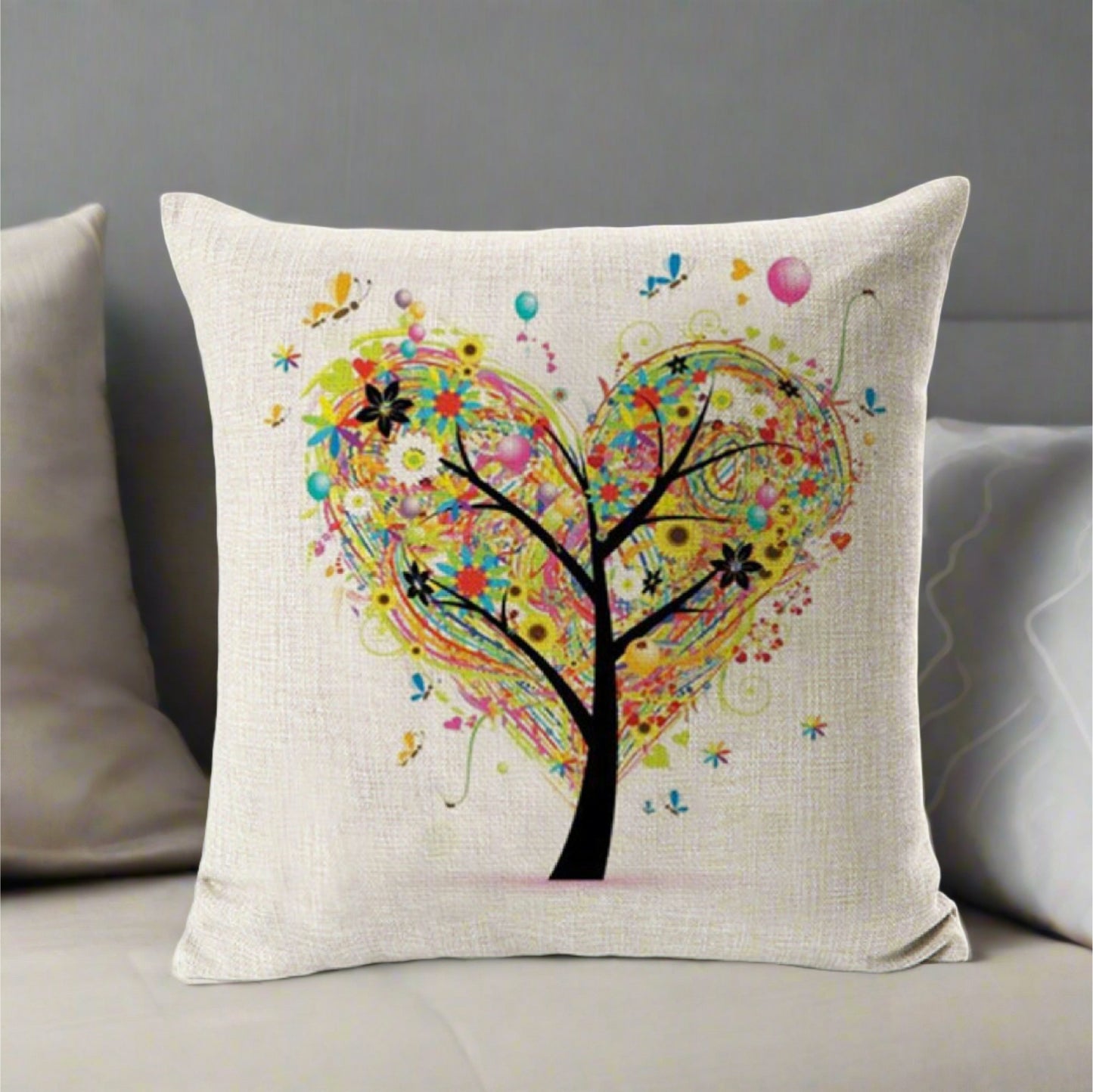 Colorful drawing Heart Shaped Tree Pillow Cover