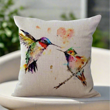 Cute Two Hummingbird Birds Painting Pillow Cover
