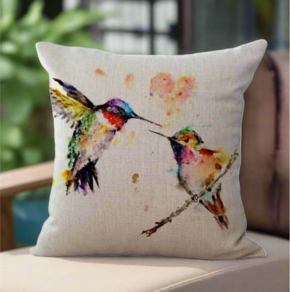 Cute Two Hummingbird Birds Painting Pillow Cover