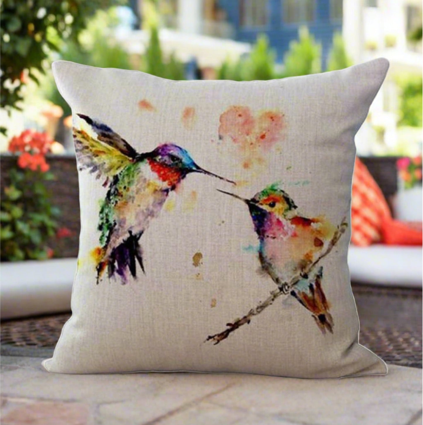 Cute Two Hummingbird Birds Painting Pillow Cover