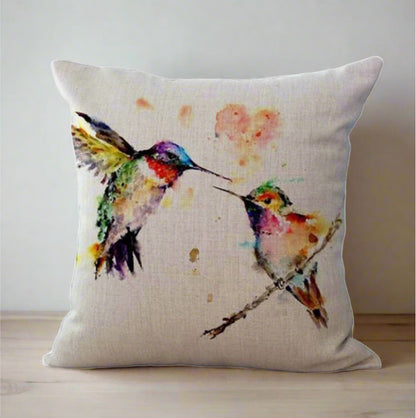 Cute Two Hummingbird Birds Painting Pillow Cover