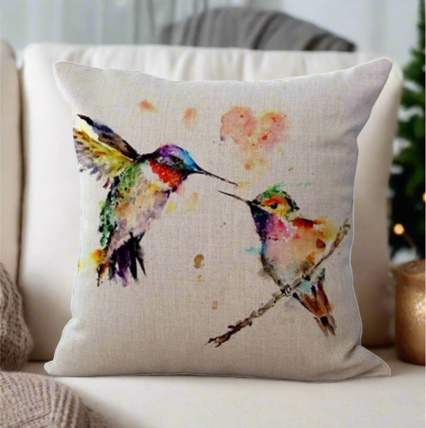 Cute Two Hummingbird Birds Painting Pillow Cover