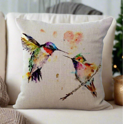 Cute Two Hummingbird Birds Painting Pillow Cover