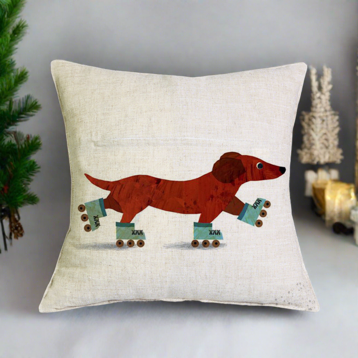 Christmas Dachshund - Roller Skate Pillow Cover