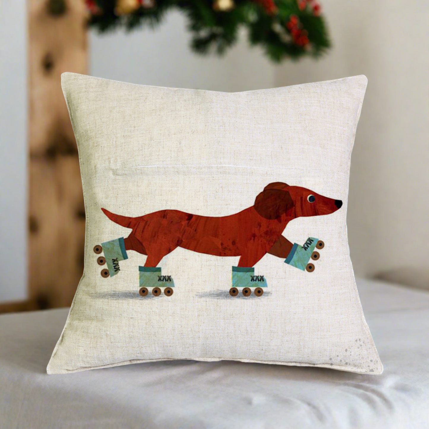 Christmas Dachshund - Roller Skate Pillow Cover