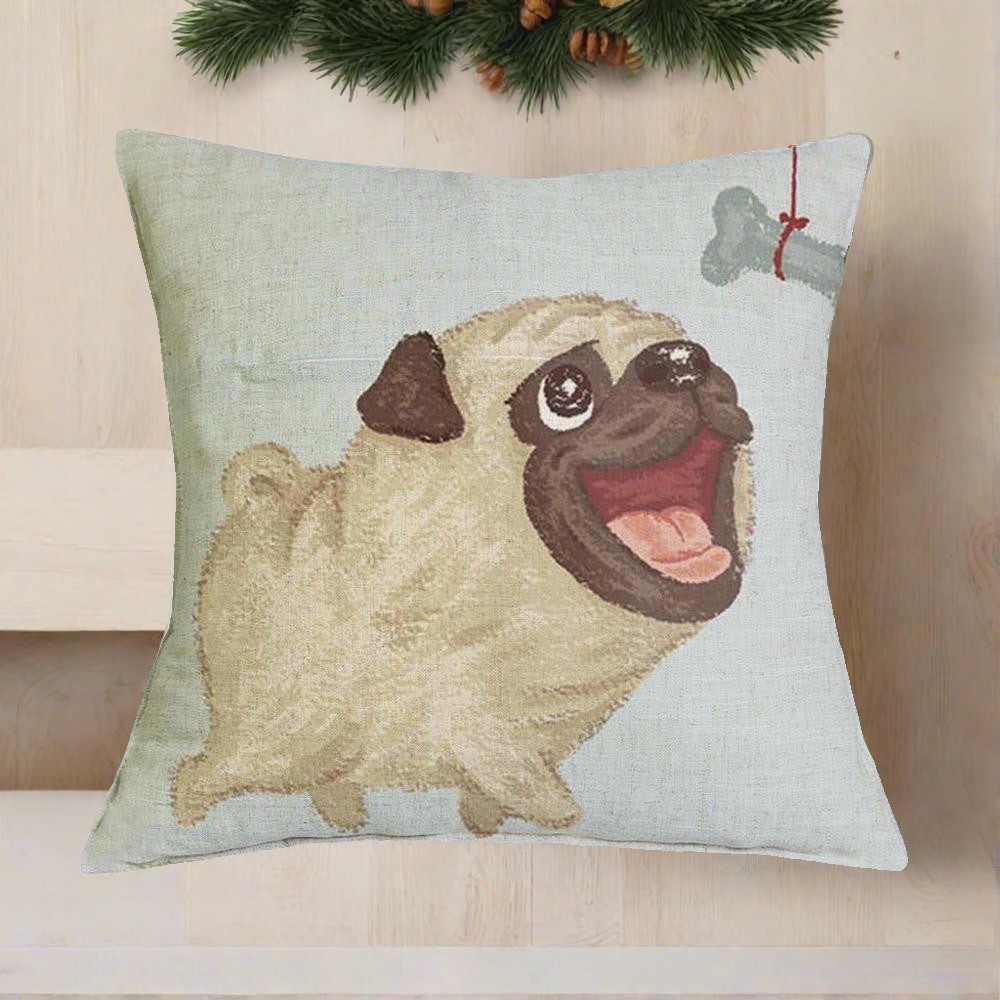 Pug Chasing Bone Throw Pillow Cover