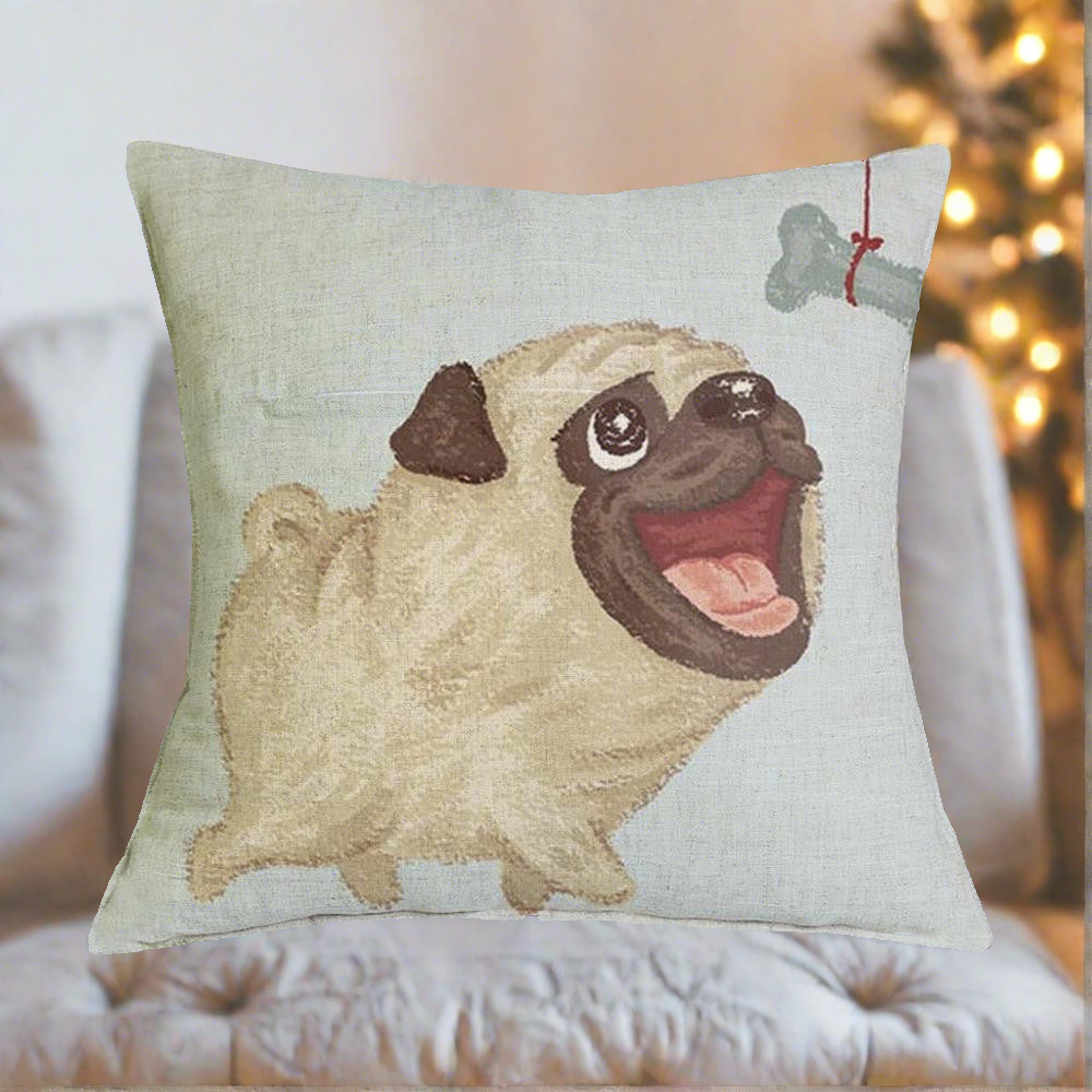 Pug Chasing Bone Throw Pillow Cover