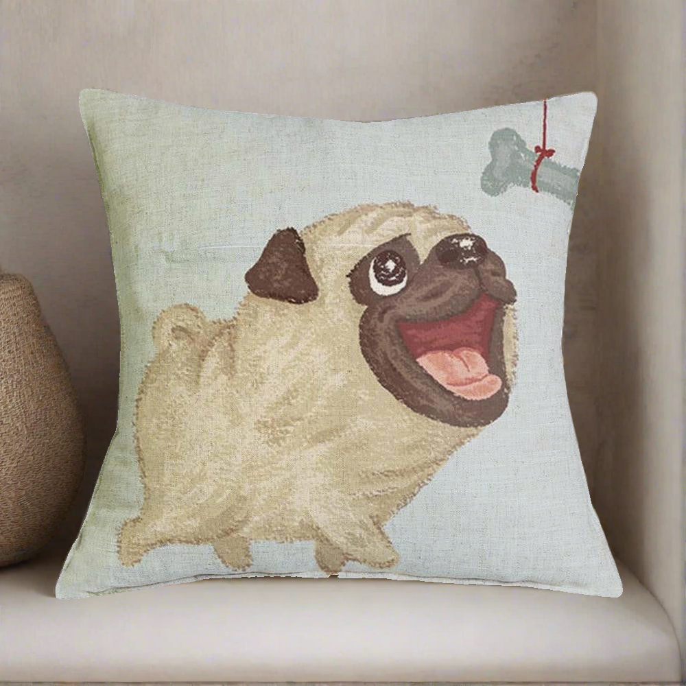 Pug Chasing Bone Throw Pillow Cover
