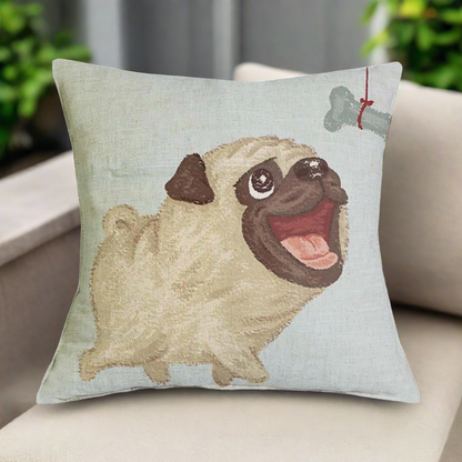 Pug Chasing Bone Pillow Cover