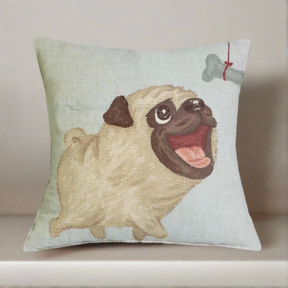 Pug Chasing Bone Throw Pillow Cover