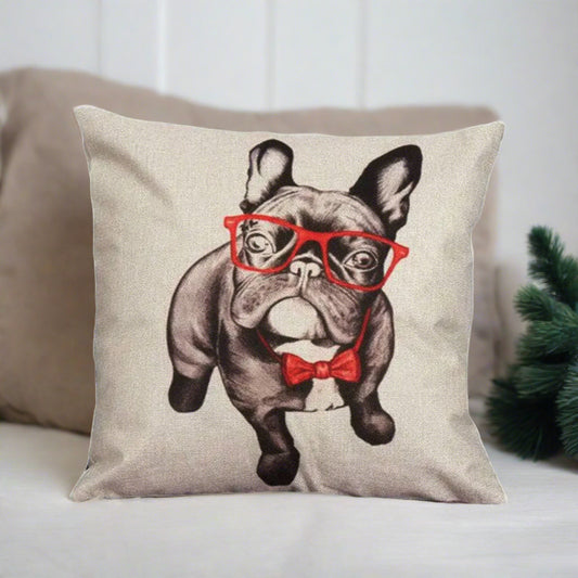 Frenchie French Bulldog With Red Glasses Throw Pillow