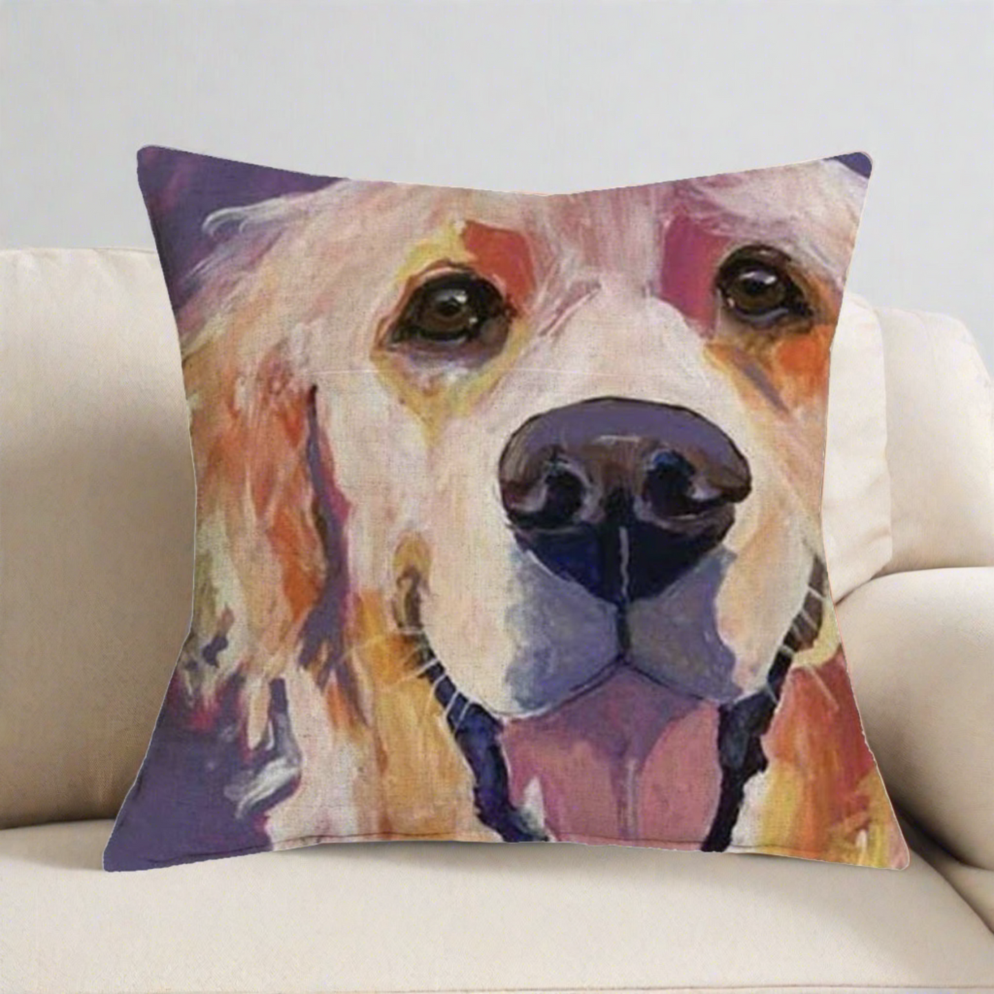 Purple Happy Golden Retriever Pillow Cover