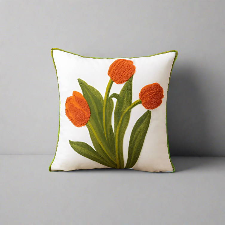 Embroidery Tulip Floral Throw Pillow Cover