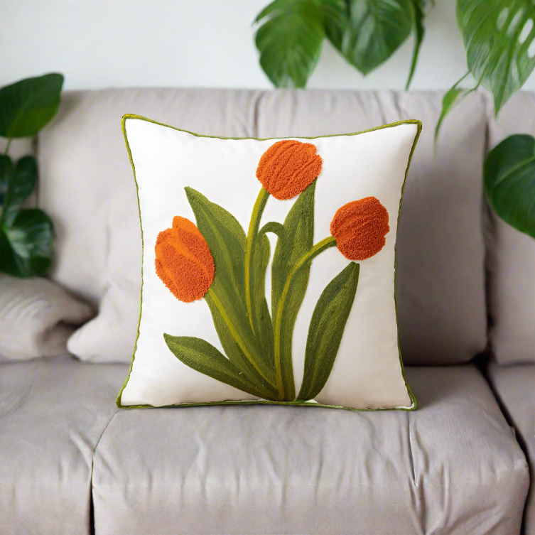 Embroidery Tulip Floral Throw Pillow Cover