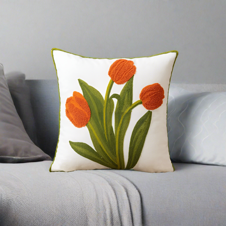 Embroidery Tulip Floral Throw Pillow Cover