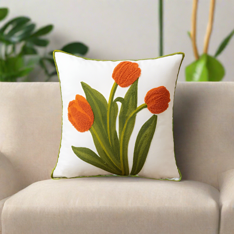 Embroidery Tulip Floral Throw Pillow Cover