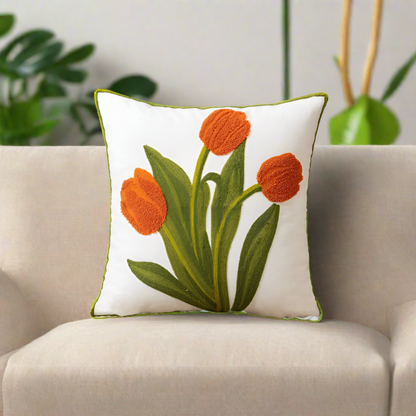 Embroidery Tulip Floral Throw Pillow Cover