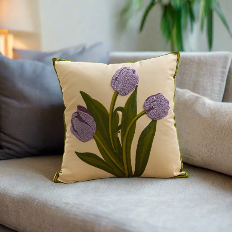 Embroidery Tulip Floral Throw Pillow Cover