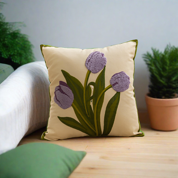 Embroidery Tulip Floral Throw Pillow Cover