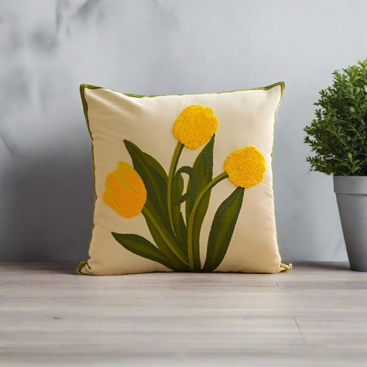 Embroidery Tulip Floral Throw Pillow Cover