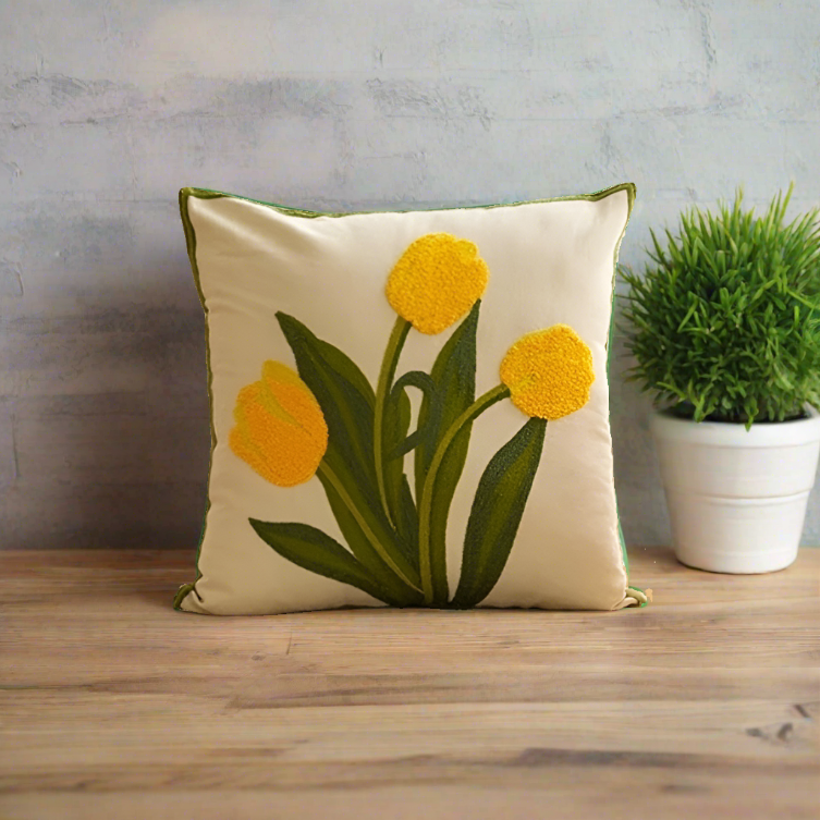 Embroidery Tulip Floral Throw Pillow Cover