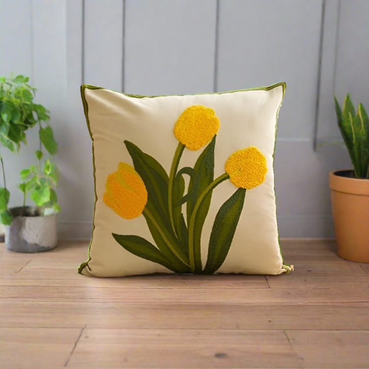 Embroidery Tulip Floral Throw Pillow Cover