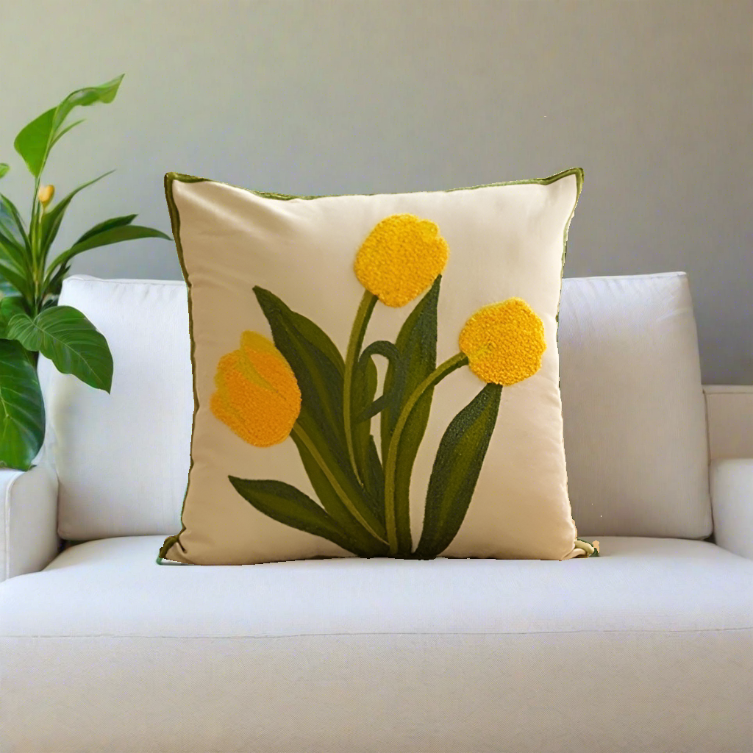 Embroidery Tulip Floral Throw Pillow Cover