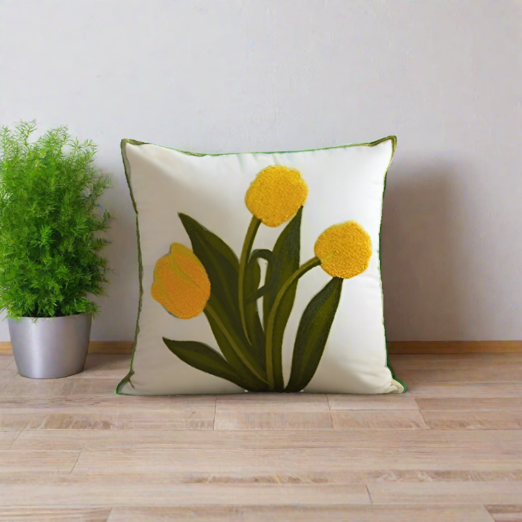 Embroidery Tulip Floral Throw Pillow Cover