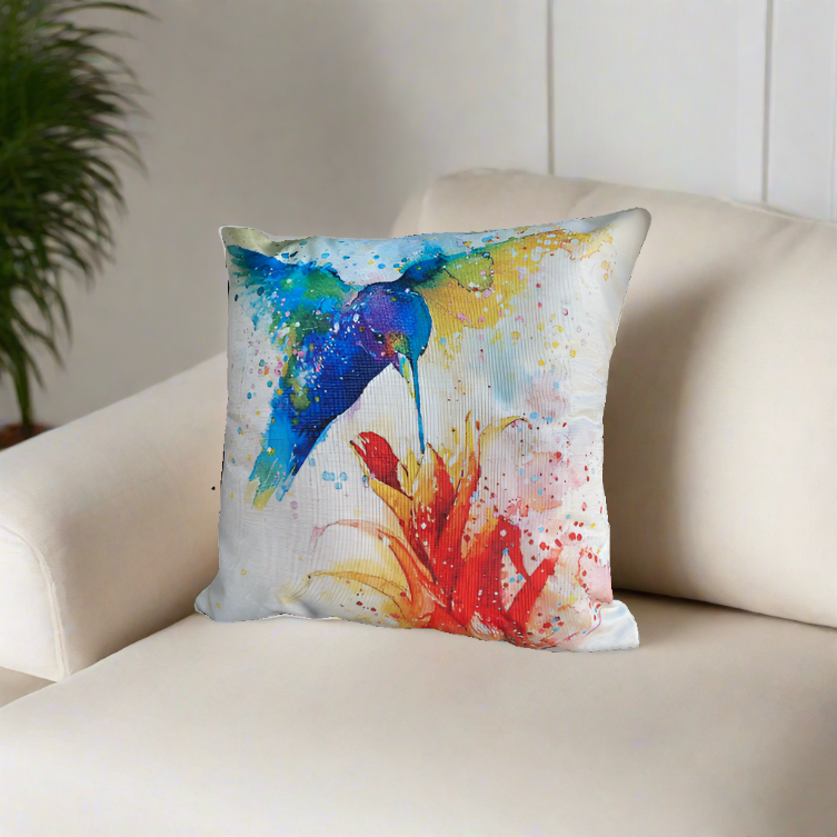 Oil Painting Blue Humming Birds With Flowers Throw Pillow Cover