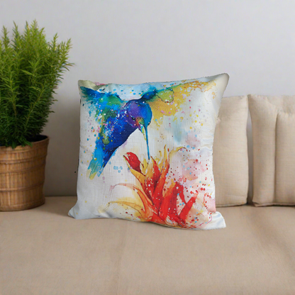 Oil Painting Blue Humming Birds With Flowers Throw Pillow Cover