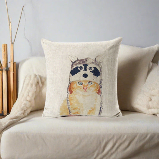 Yellow Cat With Raccoon Hat Throw Pillow Cover